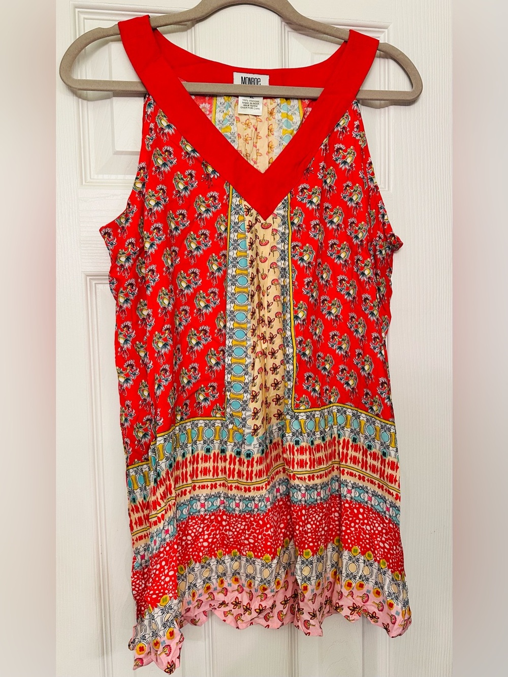 Monroe & Main Red Floral V-Neck Tank with Mixed Border Print